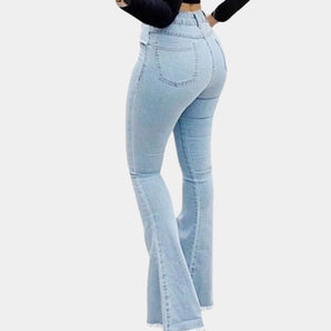 Light blue high waist flare jeans with a retro stretch design, showcasing a bell-bottom style.