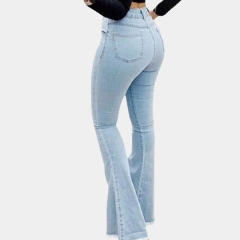 Light blue high waist flare jeans with a retro stretch design, showcasing a bell-bottom style.