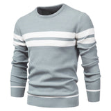 Light blue men's geometric crew neck knit sweater, casual winter wear, displayed on a mannequin, showcasing shoulder and arm details.