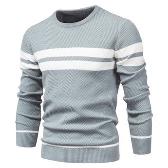 Light blue men's geometric crew neck knit sweater, casual winter wear, displayed on a mannequin, showcasing shoulder and arm details.