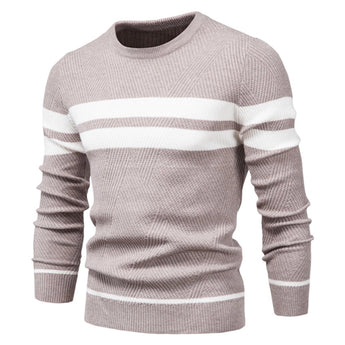 Light blue men's geometric crew neck knit sweater, casual winter wear, displayed on a mannequin, featuring long sleeves and intricate patterns.