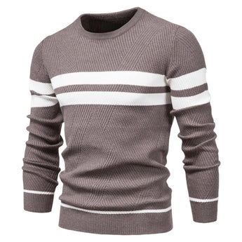 Light blue men's geometric crew neck knit sweater with long sleeves and casual winter wear design.