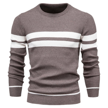 Light blue crew neck knit sweater for men with a geometric pattern, shown in a casual winter wear setting.