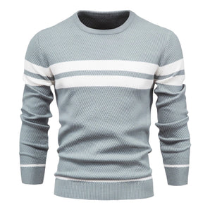 Light blue men's geometric crew neck knit sweater in 3XL, casual winter wear, long sleeves, made of soft textile material.