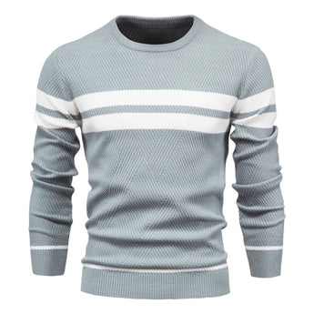 Light blue men's geometric crew neck knit sweater in 3XL, casual winter wear, long sleeves, made of soft textile material.