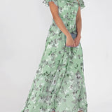 Light blue floral maxi dress with ruffle sleeves, featuring a chiffon fabric and a summer gown style, shown in a green color for size 3XL.
