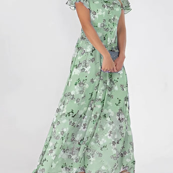 Light blue floral maxi dress with ruffle sleeves, featuring a chiffon fabric and a summer gown style, shown in a green color for size 3XL.