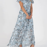Light blue ruffle sleeve floral maxi dress made of chiffon, featuring a flowing silhouette and elegant design suitable for summer occasions, shown in size 3XL.