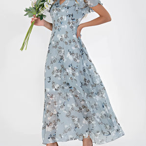 Light blue ruffle sleeve floral chiffon maxi dress, showcasing elegant sleeves and flowing material, ideal for a summer gown.