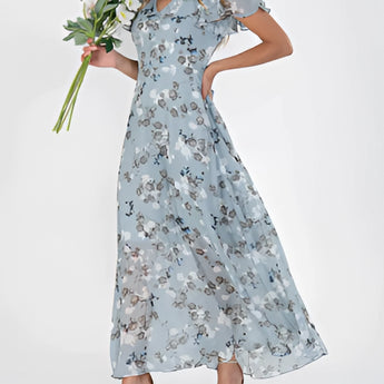 Light blue ruffle sleeve floral chiffon maxi dress, showcasing elegant sleeves and flowing material, ideal for a summer gown.