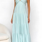 Light blue ruffle sleeve tiered maxi dress for women, featuring a flowing silhouette with a round neckline and tiered layers, perfect for summer fashion.