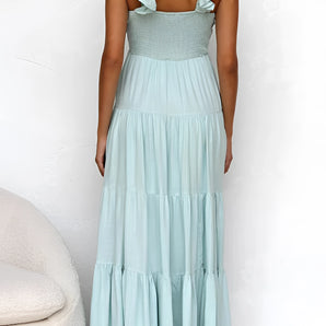 Light blue ruffle sleeve tiered maxi dress featuring a V-neck design, perfect for women's summer fashion. The dress showcases elegant tiered layers and ruffle detailing on the sleeves, ideal for daytime events or casual outings.
