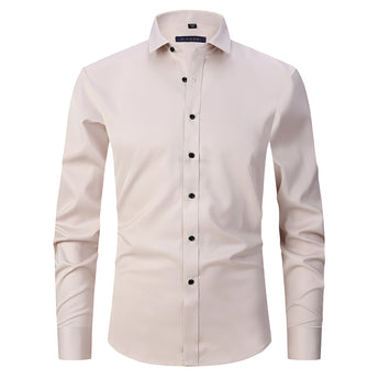 Light blue slim fit men's dress shirt made from a breathable cotton blend fabric, featuring a classic collar and long sleeves.