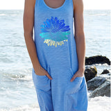 Light blue sleeveless summer dress with sunflower print, shown in size 5XL, ideal for casual beachwear.