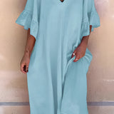 Light blue V-neck ruffle sleeve loose fit summer dress in cotton tunic style, shown in size 3XL.