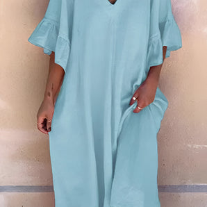 Light blue V-neck ruffle sleeve loose fit summer dress in cotton tunic style, shown in size 3XL.