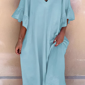 Light blue V-neck ruffle sleeve loose fit summer dress in cotton tunic style, shown in size 3XL.