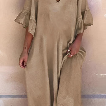 Light Blue V-Neck Ruffle Sleeve Loose Fit Summer Dress - Cotton Tunic worn by a model, showcasing shoulder to knee length, with focus on the arm and waist areas.