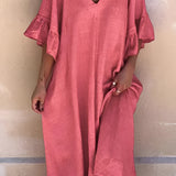 Light blue V-neck ruffle sleeve loose fit summer dress made of cotton, displayed on a mannequin.