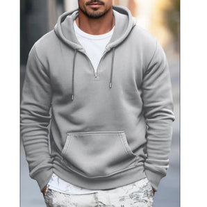 Light gray men's casual pullover hoodie with kangaroo pocket, featuring a hood, long sleeves, and a comfortable fit, shown in size 4XL.