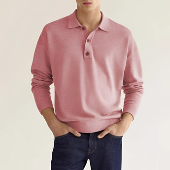 Light gray men's long sleeve knit polo sweater in a relaxed fit, featuring a collar and button-up front, displayed in a pink color, size 3XL.