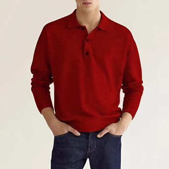 Men's long sleeve knit polo sweater in light gray, featuring a relaxed fit and a collar.