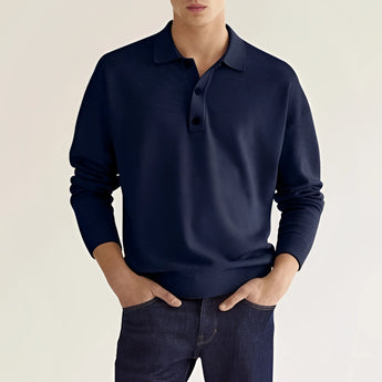 Light gray men's long sleeve knit polo sweater in a relaxed fit, featuring a collar and button-up design, shown in a blu navy color, size 3XL.