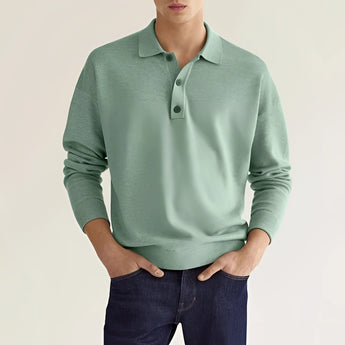 Light gray men's long sleeve knit polo sweater in a relaxed fit, shown in light green color, size 3XL, featuring a dress shirt style with a comfortable sleeve length and a classic neck design.