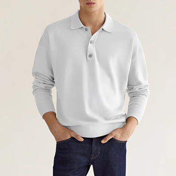 Light gray men's long sleeve knit polo sweater in a relaxed fit, shown in a white color option and size 3XL, emphasizing the details of the sleeves, neck, and overall design.