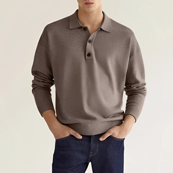 Light gray men's long sleeve knit polo sweater with a relaxed fit, featuring a collar and button-down style, displayed in a dark khaki color and size 3XL.