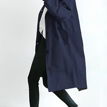 Light gray oversized double-breasted trench coat for women, styled with a marine blue hue in size 3XL, showcasing its long sleeves and fashionable design.