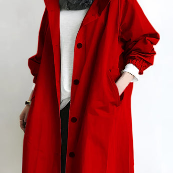 Red oversized double-breasted trench coat for women, featuring a classic collar and long sleeves, in size 3XL.