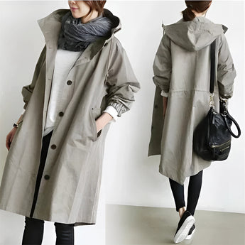 Light gray women's oversized double-breasted trench coat in size 3XL, featuring a classic design with a stylish collar and long sleeves, perfect for a fashionable outerwear look.