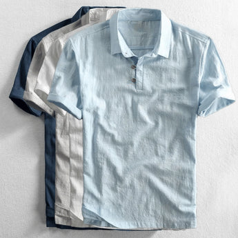 Light grey men's short sleeve linen dress shirt with a mandarin collar, featuring breathable fabric and button details.