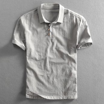 Light grey men's short sleeve linen dress shirt with a mandarin collar and buttons, shown in sterling gray color and XXXL size.
