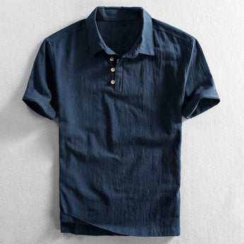 Light grey men's short sleeve linen dress shirt with a mandarin collar and button closure, displayed in a dark blue variant, size XXXL.