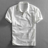 Light grey men's short sleeve linen dress shirt with mandarin collar, breathable fabric, and button-up front, displayed in an ivory white color, size XXXL.