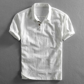 Light grey men's short sleeve linen dress shirt with mandarin collar, breathable fabric, and button-up front, displayed in an ivory white color, size XXXL.