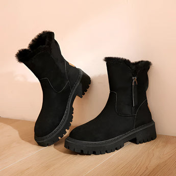 Black ankle-length winter boots with a chunky sole and fur lining, made of suede material.