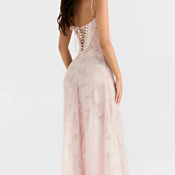 Light pink lace floral gown with a romantic and elegant design, featuring short sleeves, a fitted waist, and a flowing skirt, suitable for a summer evening event or bridal party.