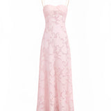 Light pink lace floral gown with a romantic design, featuring elegant short sleeves and a fitted waist, suitable for summer evening events or bridal parties.