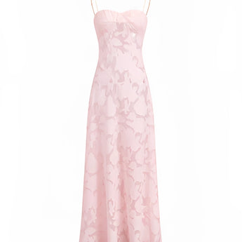 Light pink lace floral gown with a romantic design, featuring elegant short sleeves and a fitted waist, suitable for summer evening events or bridal parties.