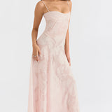 Light pink lace floral gown with a strapless design, featuring intricate floral lace detailing suitable for romantic summer evenings.