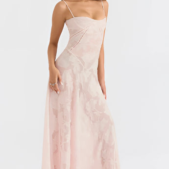 Light pink lace floral gown with a strapless design, featuring intricate floral lace detailing suitable for romantic summer evenings.
