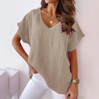Light pink V-neck blouse for women in size 3XL, shown in khaki color. The blouse is casual, stylish, and breathable, featuring short sleeves and a comfortable fit.