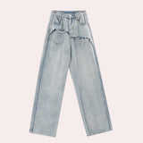 Light-wash high-waisted baggy jeans with elastic cuffs, showcasing a relaxed fit and denim material, featuring visible pockets and a stylish casual design.