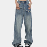 Dark blue high-waisted baggy jeans featuring elastic cuffs, shown in size 2XL.