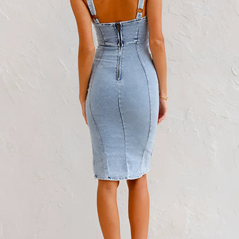 Light wash sleeveless denim midi dress with a fitted design, featuring a zipper back and a sheath silhouette ideal for casual wear.