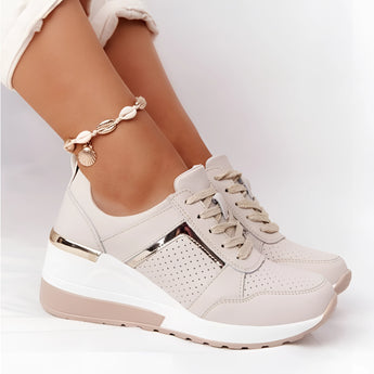 Lightweight beige women's low-top fashion sneakers designed for chic and breathable wear, shown in size 43.