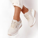 Beige women's low-top fashion sneakers with a chic and breathable design, suitable for walking and outdoor activities, showcasing a modern fashion style.